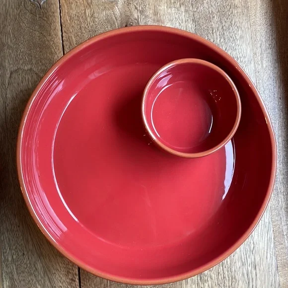 Stoneware Chip & Dip Bowl in Rich Reddish Orange Color! Made in Portugal 🇵🇹 - Picture 3 of 8